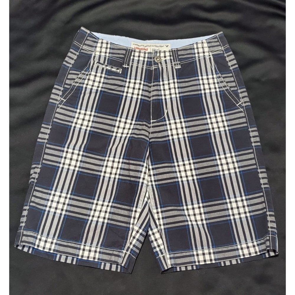 American Eagle Blue White Black Plaid Longboard Size 28